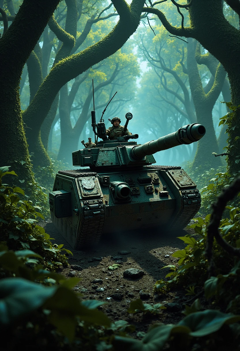 Deep within the dense, alien jungles of a death world, a Leman Russ battle tank pushes forward, its cannon cutting through thick vegetation as it clears a path. The jungle is teeming with life, with massive trees and twisted vines towering overhead, their bioluminescent leaves casting an eerie glow. The tank’s armor is smeared with mud and the remains of crushed flora, its hull showing signs of damage from the planet's hostile wildlife. The crew remains vigilant, knowing that danger could strike from any direction in this unpredictable environment.

Photograph Description: This photorealistic color image portrays the Leman Russ in the heart of a vibrant, alien jungle. The tank’s armored hull contrasts sharply with the organic, almost luminescent surroundings. The intricate details of the jungle, from the glowing plants to the dark, shadowy underbrush, are rendered with precision, creating a vivid, immersive scene. The tank’s movements leave a trail of destruction in its wake, with crushed plants and disturbed earth highlighting its powerful presence in the hostile environment.