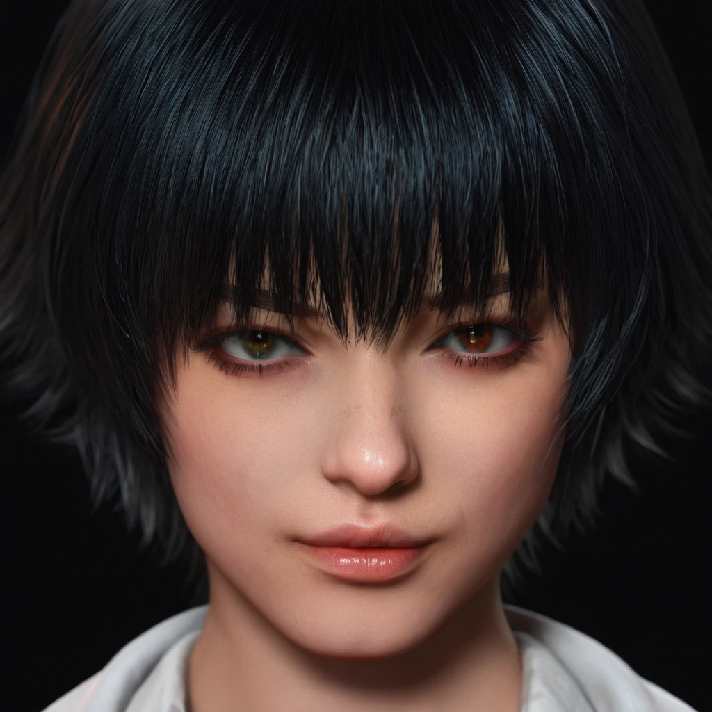 professional 3d model of  <lora:ladydmc v2:0.9>
ladydmc a woman with a staring eyes, MaryAnnArkham, smooth sharpness, very detailed image, cinematic style, detailed background, perfect style, perfection, Unreal Engine, 3d, realistic, realism, photorealism, hyperrealism, hyperrealistic, video game style, 3D computer graphics, Blender, 3ds Max, Maya, Cinema 4D, ZBrush, AutoCAD, LightWave 3D, Adobe Dimension, virtual reality, Unreal, real-time 3D, Epic Games style, Unreal Engine style, ladydmc style, 1girl, solo, looking at viewer, bangs, brown hair, brown eyes, blunt bangs, eyelashes, traditional media, close-up, painting (medium), eye focus, black hair, acrylic paint (medium), octane render, highly detailed, volumetric, dramatic lighting