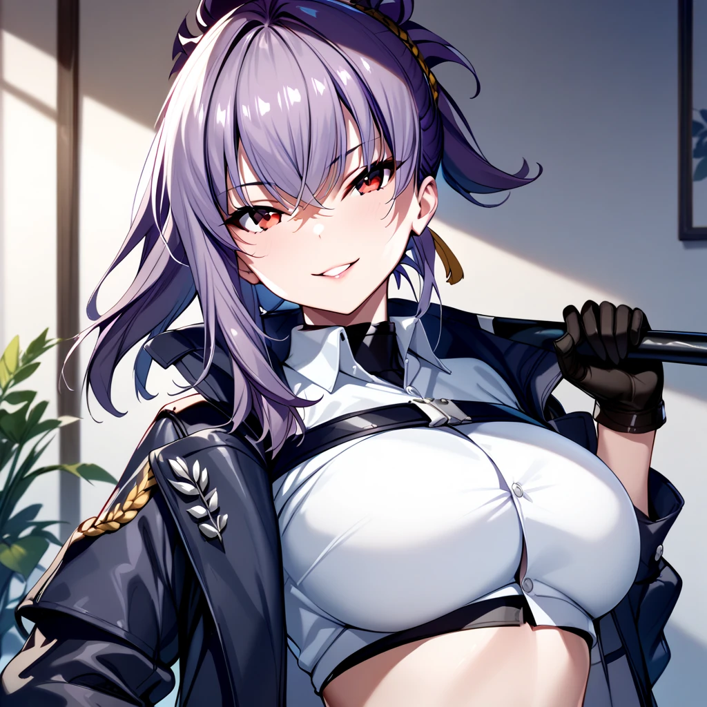 1girl, solo, rebecca(cs), purple hair, red eyes, gloves, black gloves, navel, shirt, large breasts, midriff, looking at viewer, open clothes, white shirt, stomach, over shoulder, upper body, crop top, seductive smile, close up, portrait, <lora:Rebecca:1>, (masterpiece),(best quality),(ultra-detailed),(best illustration),(best shadow),(absurdres),(detailed background),(very aesthetic),