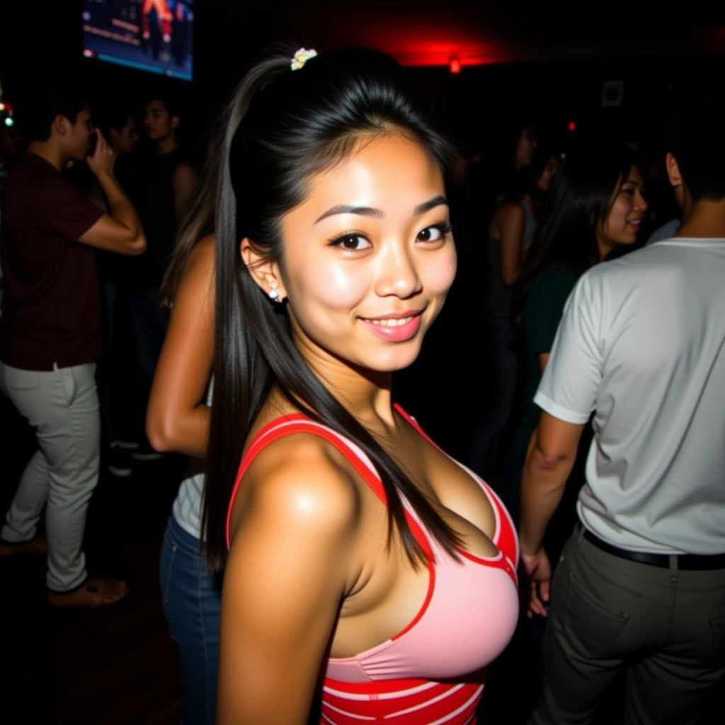 A candid photo of (marylee:0.99), a young  Asian American woman, with tan skin. (flirting) with the camera, cleavage, (laughing and smiling:0.50), fit, striking eyes , detailed skin, (sweat:0.40), (pores:0.10). A Facebook or Myspace photo from a point and shoot camera from the 2000s at a party.