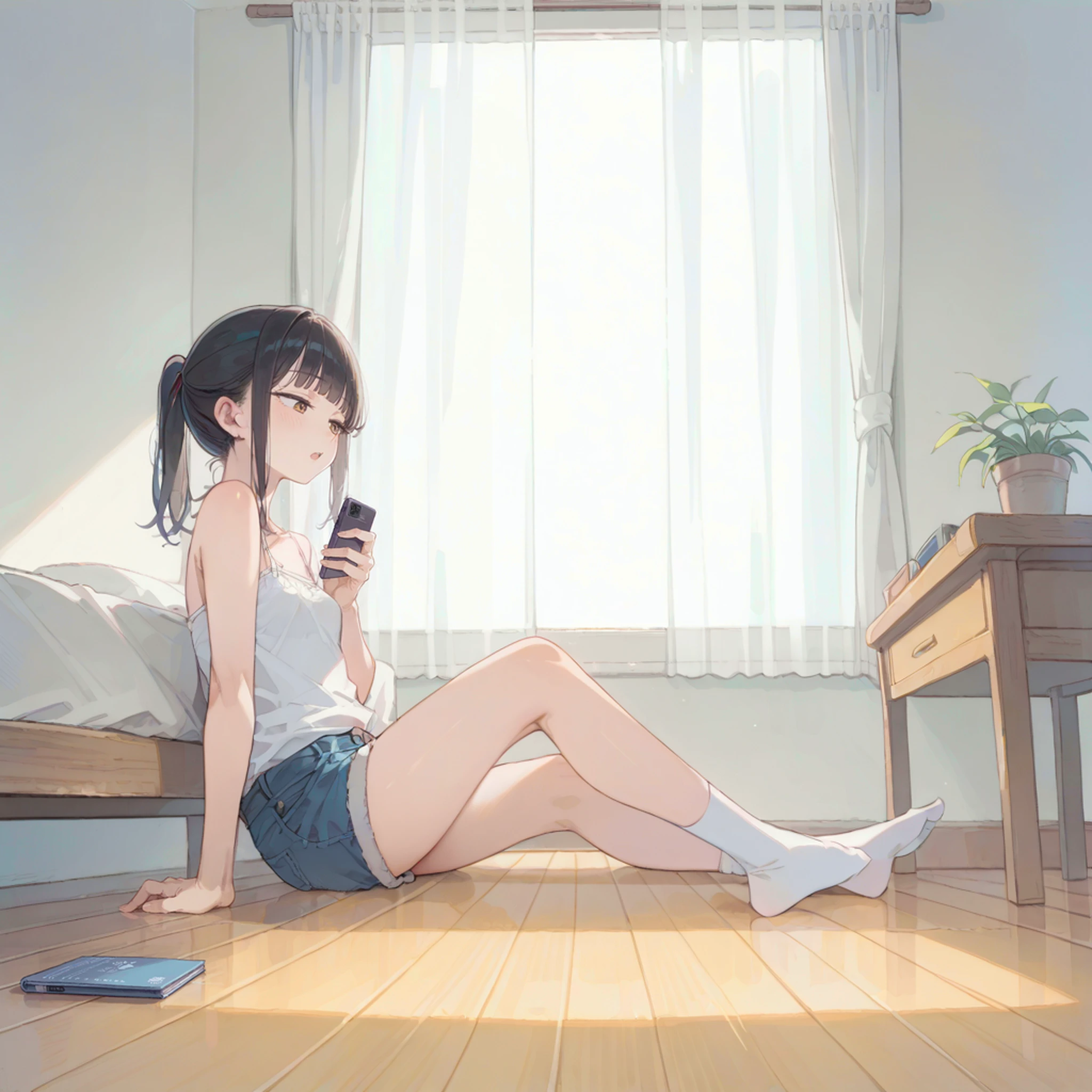 score_9, score_8_up, score_7_up, score_6_up, source_anime, masterpiece, best quality, hires, perspective
1girl, black hair, ponytail, brown eyes, white camisole, blunt bangs, white camisole, denim shorts, sitting on floor, small breasts, white socks, bed, holding smartphone, looking down, open mouth, book
<lora:Bright_room:1>,<lora:StS_age_slider_v1_initial_release:2>,<lora:hotarueye_xl_hosome1_v050:1>