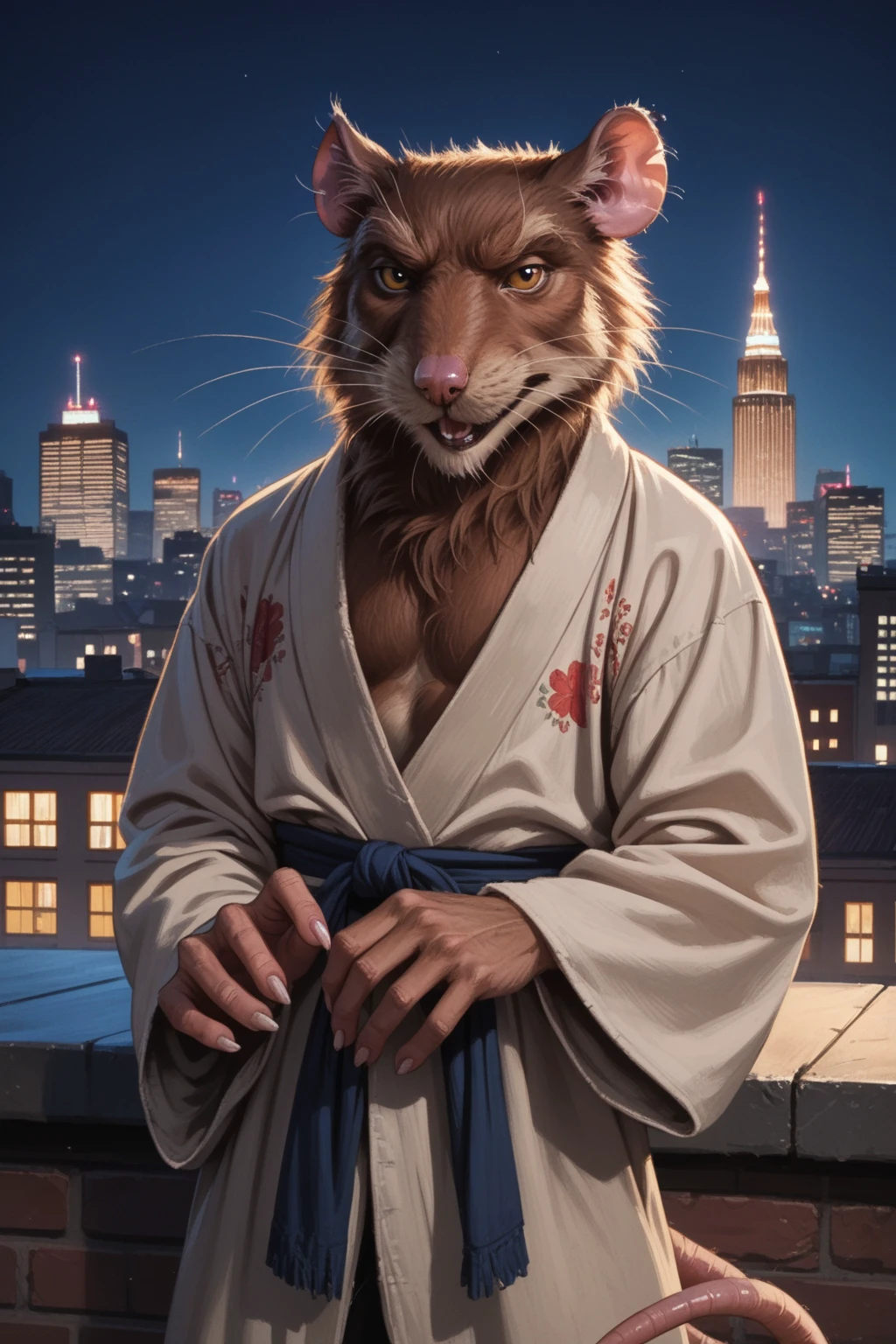 score_9, score_8_up, score_7_up, ((source_IRL, source_movie)), source_furry, masterpiece, high quality, ((upper body shot, front view))
a ((shirtless)) ((skinny)) muscular furry TMNTSplinter Anthro Rat wearing a tan kimono, ((tail showing, anthro rat rodent tail)), solo, <lora:TMNT_Splinter_Pony:0.8>
(standing, fight stance)
((on a city rooftop, at night)), dark sky, city lights, skyscrapers in background
dynamic lighting, shadows, cinematic