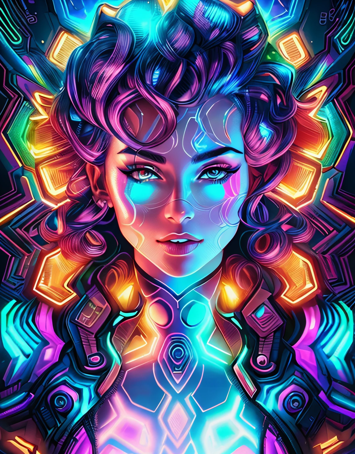 holographic woman made of iridescent light, highly detailed, professional illustration, bold linework, bright saturated colors, holographic, cyberpunk 