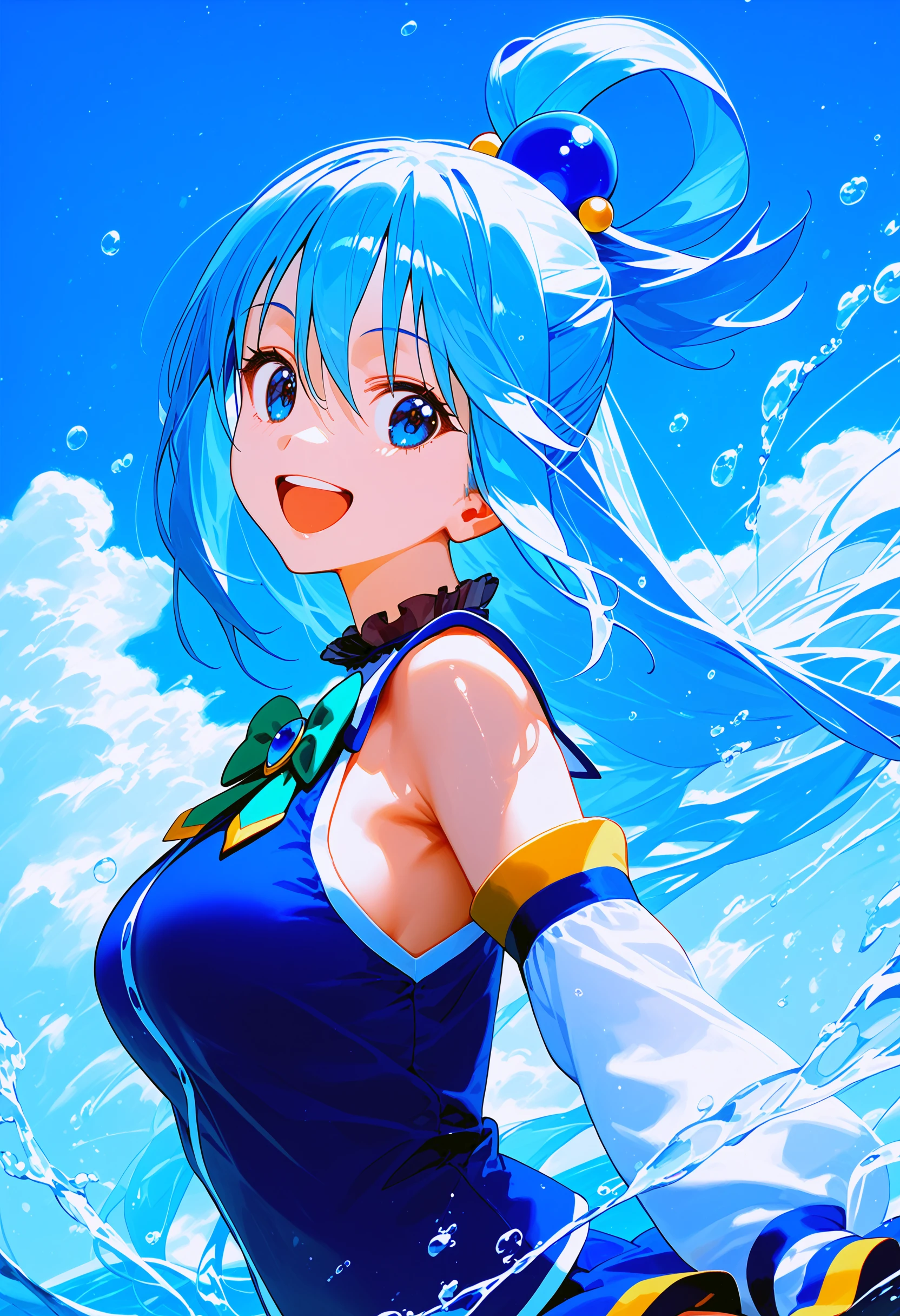 aqua \(konosuba\), 1girl, long hair, solo, smile, hair rings, sky, green bow, blue shirt, single hair ring, bare shoulders, blue sky, cloud, hair between eyes, medium breasts, bubble, white sleeves, large breasts, water, upper body, open mouth, bowtie,
<lora:konosuba_collection_v2:1> score_9, score_8_up, score_7_up, score_6_up, absurdres, masterpiece, best quality, very aesthetic