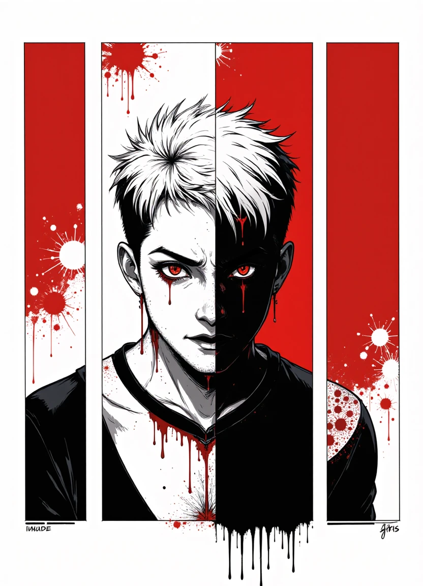 inred_style, an adult man with short spiky white hair with black outline, shaved on one side, picture split into uneven rectangular panels of different sizes, white border, dripping blood, high contrast vector art, minimalistic, geometric shapes in background