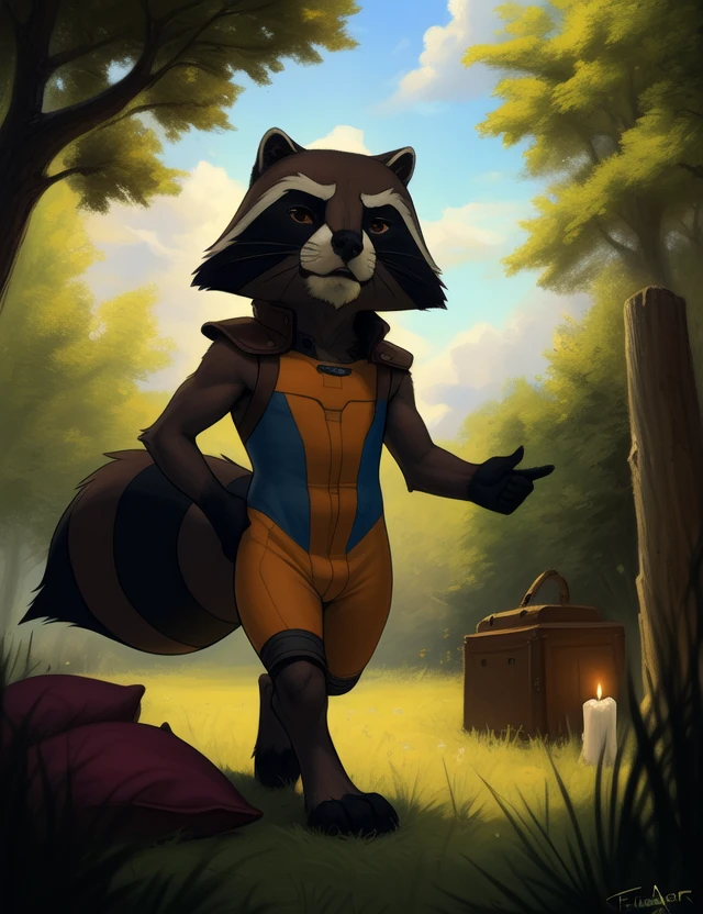 <lora:RocketRacGyYif:1> RocketRacGy, Racoon, Orange jumpsuit, Brown eyes, chibi, 
Looks at the viewer, (walking )
[ large window, (nature), forest, grass, day shining, clouds, flowers, blanket, blue pillows, candles, bed, pillows, ]
(beautiful, aesthetic, perfect, delicate, intricate, saturated colors), masterpiece, digital drawing, best quality,
by taran fiddler, by cynicalstarr, by personalami,