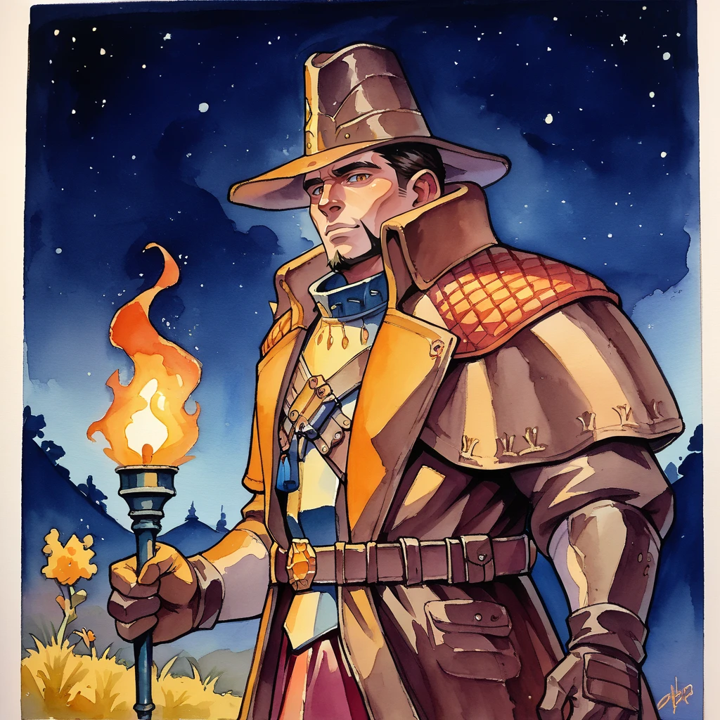 score_9, score_8_up, score_7_up, 2d, painting, watercolor, traditional media,
WitchHunter, solo,
looking at viewer, grim, silent,
hat, coat, holding torch, dark, night,
 <lora:WitchHunter:1>