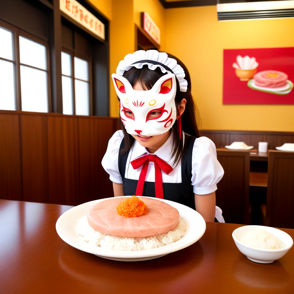 <lora:fish_steak_tartare_SDXL:0.5>, 1girl, maid uniform, maid headdress, fox mask, frisbee, meat, table, bowl, rice, restaurant, realistic