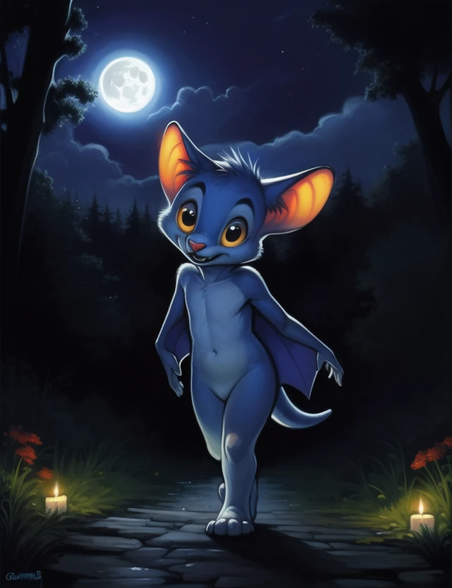 <lora:FlyingBatBrotherYif:1> FlyingBatBrother, bat,  blue fur,  red nose, (chibi), vampire, fangs, yellow sclera,
Looks at the viewer,  [ forest with ghosts, ((night)), moon, trees, stars,] ((((walking ))))
[ large window, (nature), forest, grass, clouds, flowers,  blue pillows, candles, bed, , ]
(beautiful, aesthetic, perfect, delicate, intricate, saturated colors), masterpiece, digital drawing, best quality,
by by Faustsketcher, by Brian M. Viveros, by Colin Campbell Cooper, by Tsampikos