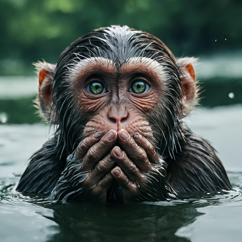 Hyperrealistic art of <lora:facial expression style v3:1>
worried facial expression of a worriedmonkey in the water with its hands in its mouth, themed, sharp, detailed skin, epic cinematic photography, artistic, creative, wrinkly face, dramatic lighting style, cinematic color style, Kodak film style, skin pore, emotional style, gustier style, facial expression style, worried facial style, solo, looking at viewer, holding, green eyes, no humans, animal, cat, realistic, covering mouth, animal focus, outdoors, sky, water, whiskers, photorealistic, blurry, blurry background
, Extremely high-resolution details, photographic, realism pushed to extreme, fine texture, incredibly lifelike