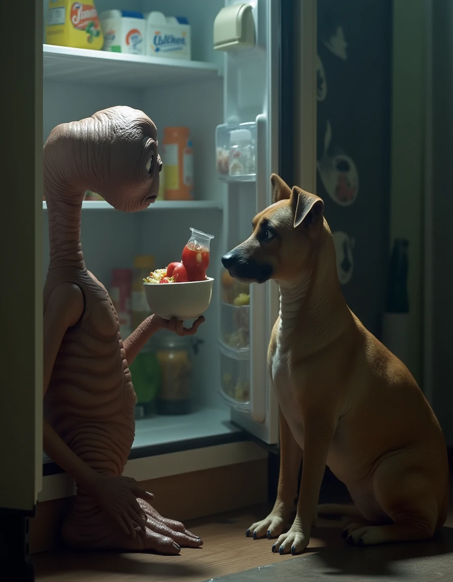 A photography of an alien looking for food in the fridge. A dog is sitting next to the alien, the dog seem worried. The is watching the alien . The overall mood of the image is eerie and mysterious.
 <lora:ET_extraterrestrial_v2_flux_000002200:1>