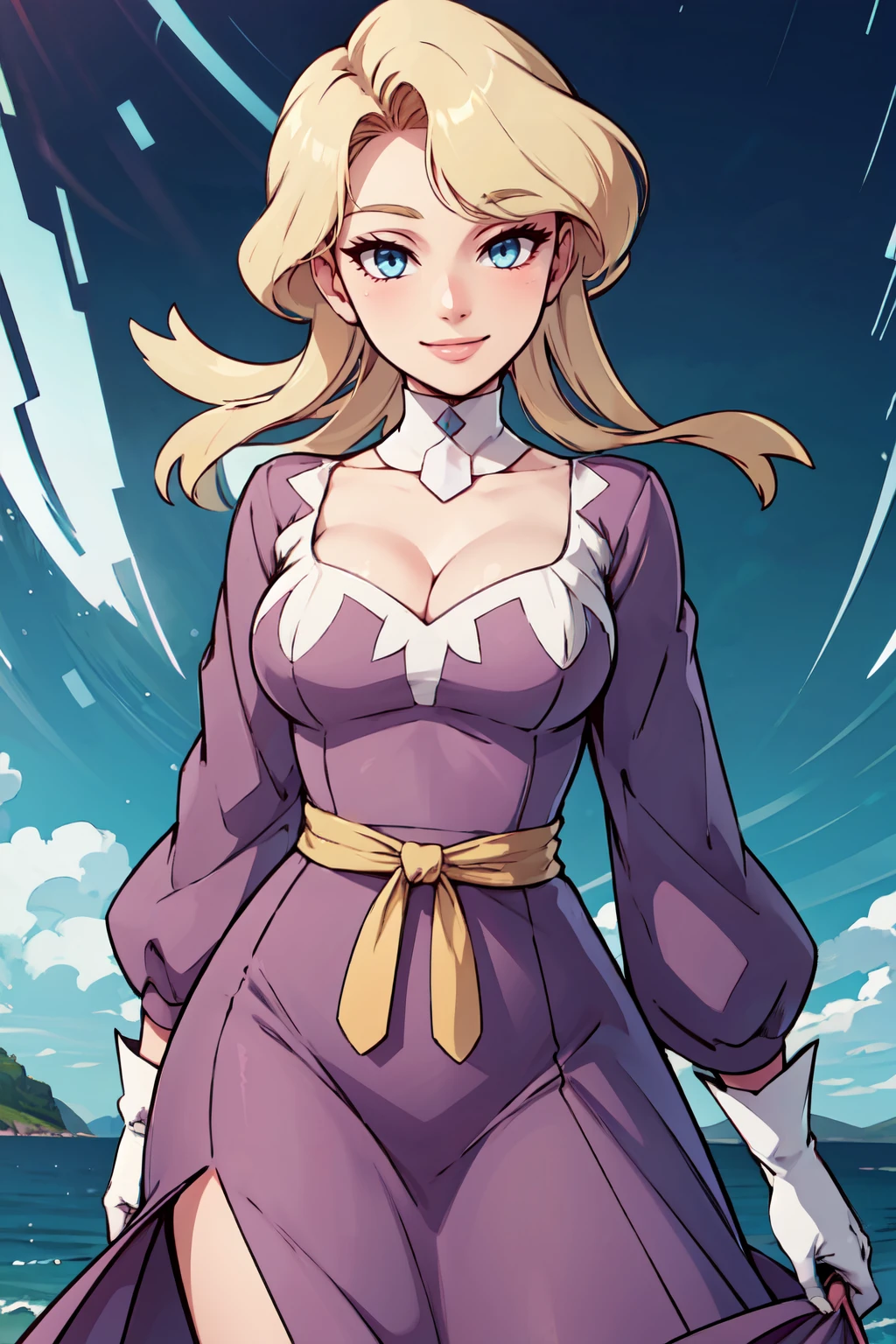 ((masterpiece,best quality)), absurdres,  BREAK, , <lora:Glacia_Pokemon:0.8>, zzGlacia, blonde hair, blue eyes, long hair, cleavage, collarbone, purple dress, white gloves, long sleeves, , BREAK, hip to the side, contrapposto,, BREAK, solo, smile, looking at viewer, cowboy shot,