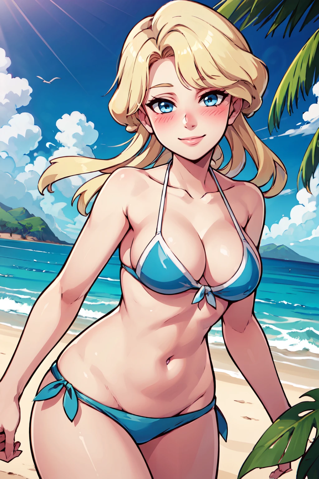 ((masterpiece,best quality)), absurdres,  BREAK, , <lora:Glacia_Pokemon:0.8>, zzGlacia, blonde hair, blue eyes, long hair, cleavage, collarbone, , BREAK,  bikini, tropical beach, blush,, BREAK, solo, smile, looking at viewer, cowboy shot,