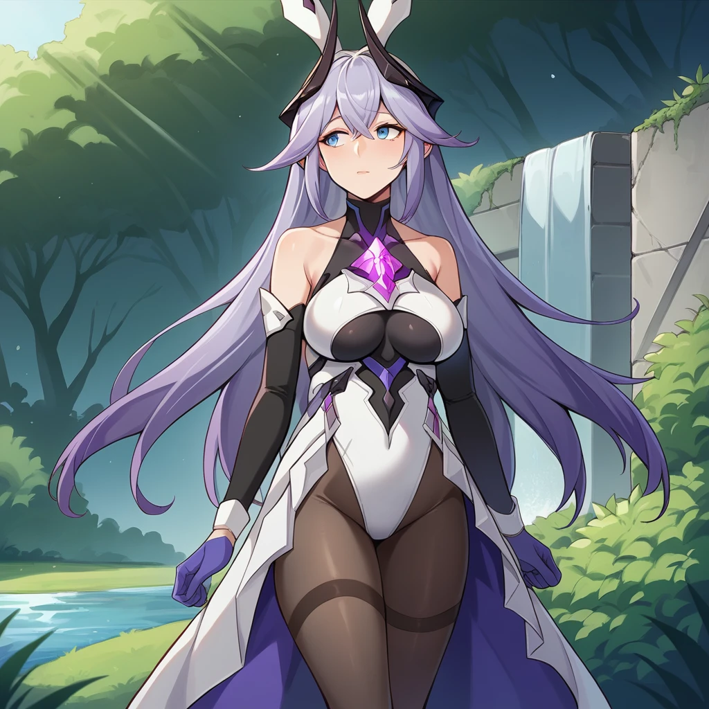 score_9_up, score_8_up, score_7_up, source_anime, masterpiece, best quality, 1girl, solo, Bella, Bel_EL, sun light, river, bushes, flowers, tree, shadow, ruins, standing, hand on elbow, looking to side, slight blush, blue eyes, purple hair, (black horns)+, rabbit ears, long hair, bodystocking, white leotard, leotard, armored leotard, thighband pantyhose, covered chest, covered collarbone, chest gem, white armor, bodysuit underboob, side cutout, two-tone skirt, purple skirt, white skirt, bare shoulders, jewerly, gem, detached sleeves, black sleeves, purple gloves, white bracelet, mature body, dynamic cowboy shot, outdoors, garden background