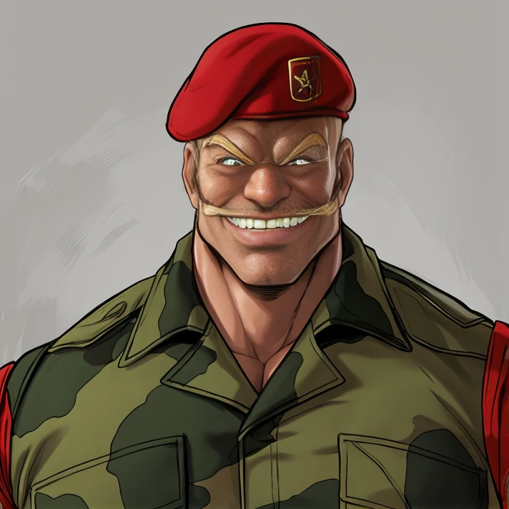 (portrait:1.2), (straight-on:1.2), facing viewer, <lora:MadSarge:0.65>, madsarge, absurdres, (muscular male:1.3), grey background, camouflage, camo topwear, evil grin, red beret, (blonde mustache:0.3)
