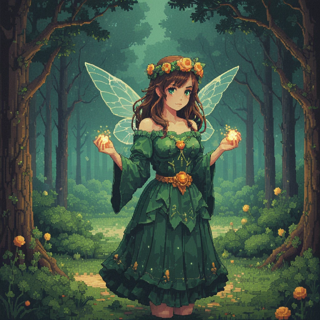 [[S_PixelArt of a fairy girl with translucent glowing butterfly wings in a green dress and a floral crown in a magical dark forest holding a brilliant mystical star encased in gilded leaves above her hand, night|S_PixelArt ]:S_PixelArt :0.5]