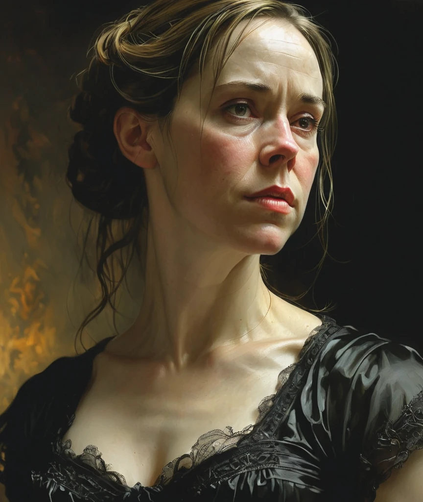 a professional absurdres sharp focus intricately detailed full torso photograph of 
beautiful (Frances_OConnor:1.1),  side soft light, Dark environment, black over black, insanely detailed, face focus,
side soft light, Dark environment, black over black, insanely detailed, masterful painting in the style of Anders Zorn and Aleksi Briclot
 <lora:Frances_OConnor-SDXLe11:0.8>