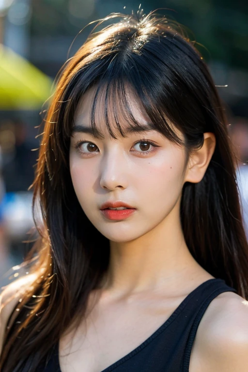 masterpiece, best quality, ultra-detailed, ultra high res, (photorealistic:1.4), raw photo, (realistic:0.2), 8k HDR, realistic lighting, looking at viewer, 1girl, solo, asymmetrical hair, outdoor, (traditional market:1.2), (day), bokeh, (detailed lips), (detailed pores), (detailed skin textures), (detailed face:1.2), (body:1.2), a woman in a black sundress, (asian:0.2), standing,