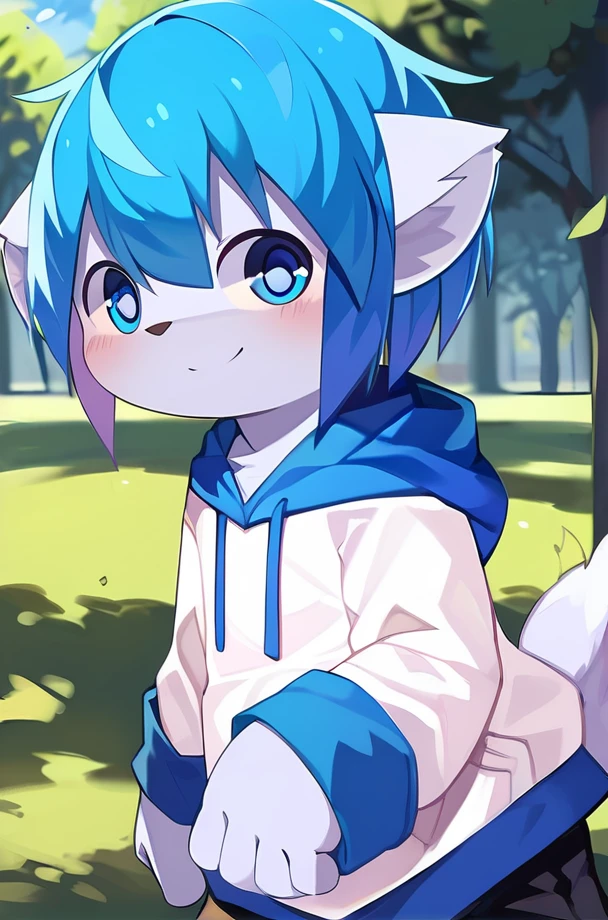 aoino_style, solo, 1boy, furry male, blue hair, blue eyes, grey fur, body fur, perfect anatomy, detailed skin, detailed eyes, perfect hands, perfect face, BREAK white hoodie,two-tone hoodie, blue hoodie, pants, BREAK park, outdoors, V, colorful, looking at viewer, portrait, BREAK ((ultra-detailed)), ((best quality)), ((best quality)), ((beautiful eyes)), ((extremely detailed)), 4K, (8K), best quality, (beautiful), Master piece, highres, score_9, score_8_up, score_7_up, score_6_up, score_5_up, score_4_up, colorful, best quality, official art, highres, masterpiece, nai3, god light, detailed background, high quality background, <lora:AoinoV2:1>