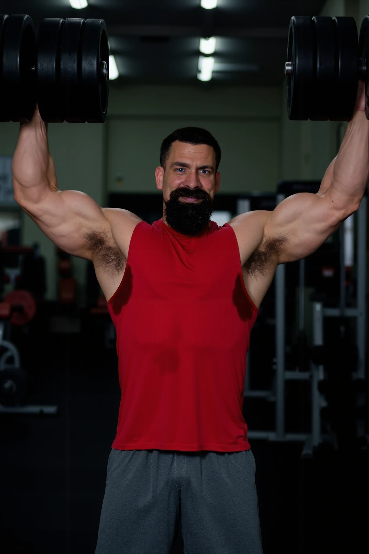 profession photoshoot photo, A man with a beard and a funny mustache is lifting weights in a gym. He is wearing a red tank top with sweat and gray shorts. The shirt has sweat-spots-smudges on the belly area and a large (sweat-spots-smudges on armpit:1.3) dripping. His arms are fully extended as he lifts the weights above his head. The gym is well-equipped with various pieces of exercise equipment visible in the background. The man's face is focused and determined as he continues to lift the weights. The camera is positioned in front of him capturing the full extent of his arms and the weights he is lifting.,<lora:flux\my\sweat\sweaty_shirt_flux_v5_010.safetensors:0.9500000000000001:0.9500000000000001>