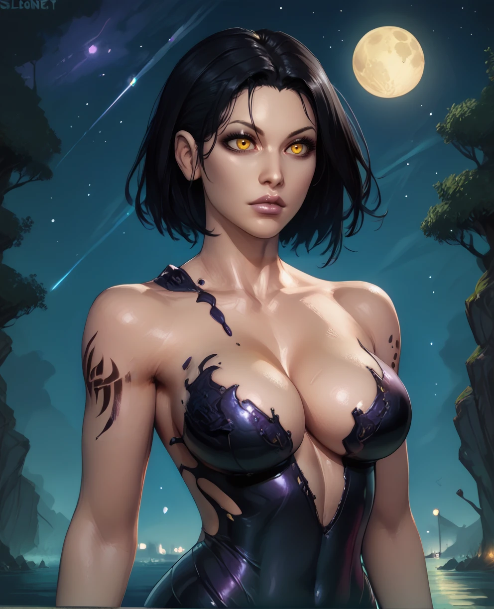 score_9,score_8_up,score_7_up,score_6_up,unknownxl,black hair,yellow eyes,slimy tights,cleavage,night,solo,void,shoulder tattoo,
<lora:unknownXL:0.9>,