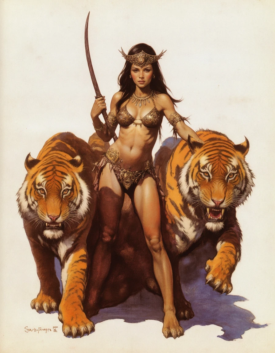 Fr4z3tt4 woman in tribal bikini with whip stands next to sabertooth tigers