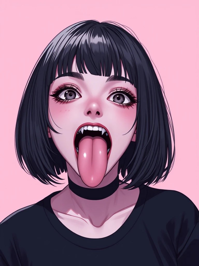 niji style, 1girl, solo, looking at viewer, short hair, open mouth, bangs, simple background, black hair, tongue, tongue out, mole, makeup, piercing, pink background, mole under mouth, tongue piercing, forked tongue