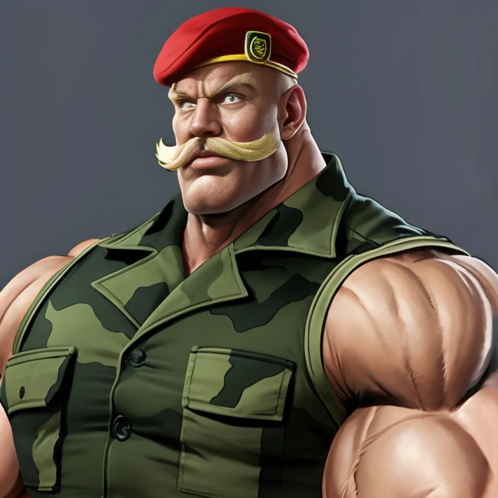 absurdres, (portrait:1.2), facing viewer, <lora:MadSarge:0.75>, madsarge, blonde mustache, red beret, (muscular male:1.3), grey background, camouflage, camo topwear, bald, sleeveless, upper body, arms up