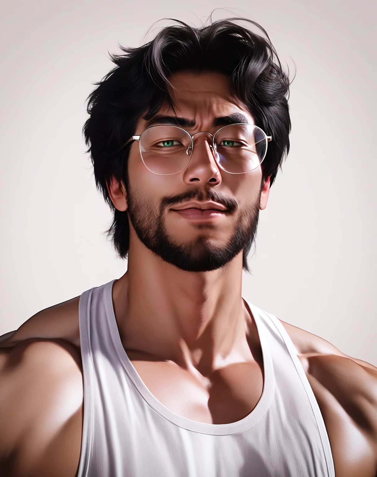 score_9, score_8_up, score_7_up, score_6_up, justinsaiyann, 1boy, male focus, facial hair, beard, solo, glasses, tank top, black hair, green eyes, arrogant smile, rising eyebrow, white tank top, round eyewear, looking at viewer, simple background, realistic, thick eyebrows, upper body, short hair,
best quality, best aesthetic, year 2023, high details, realistic, dizdoodz, front view, glasses<lora:EMS-467836-EMS:0.800000>