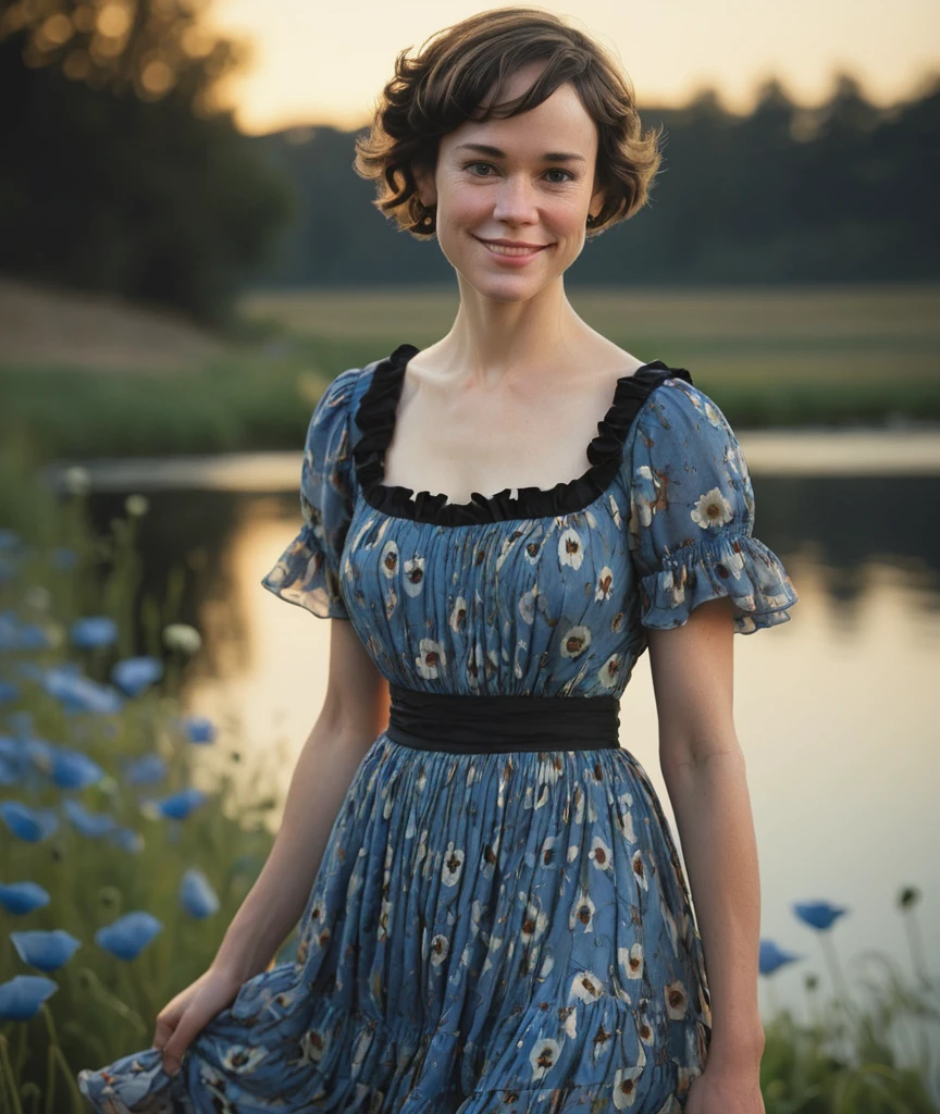 a professional absurdres sharp focus intricately detailed full torso photograph of 
with short hair in a summer dress walking by a lake by sunset, smiling to camera,
beautiful (Frances_OConnor:1.1),  in a vintage dress with ruffles standing in a field of blue poppies, side soft light, Dark environment, black over black, insanely detailed, face focus,  wearing a black dress, standing, looking at the viewer, decorative background, 
side soft light, Dark environment, black over black, insanely detailed, masterful painting in the style of Anders Zorn and Aleksi Briclot
 <lora:Frances_OConnor-SDXLe11:0.8>