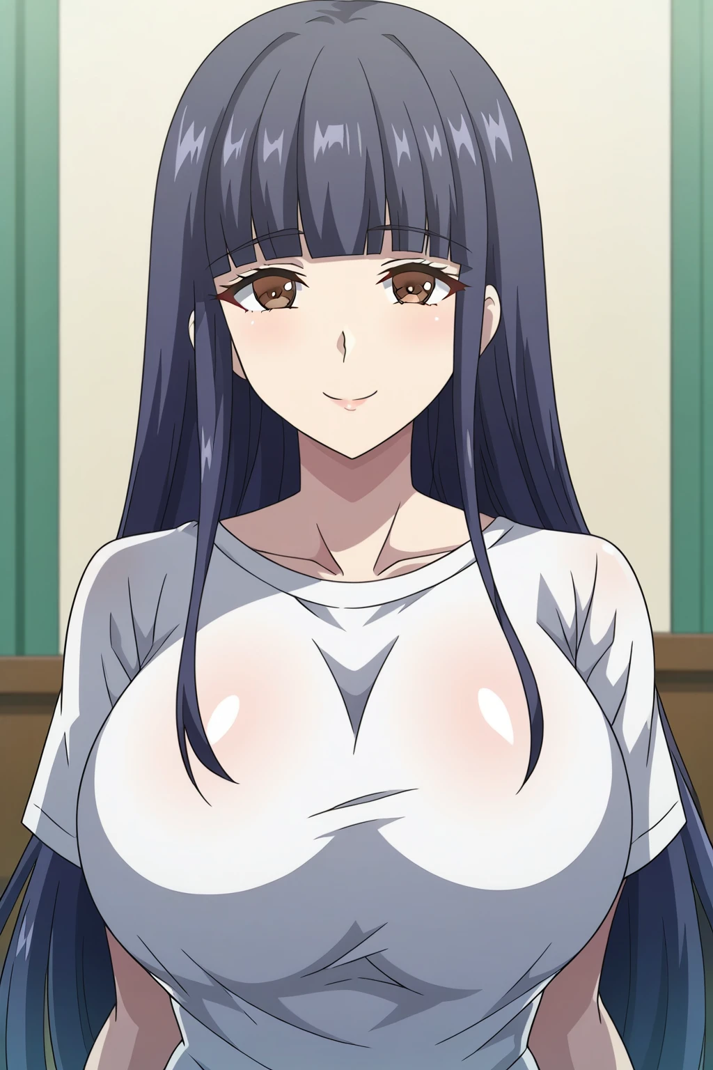 (masterpiece, Best Quality, High resolution:1.5, anime colours, megami magazine:1.2, anime poster style, anime keyvisual, sharp, 8k, photorealistic), (nsfw, from front), (beautiful eyes:1.5, beautiful face), Hinata Hyuga, 1girl, solo, Long Hair, blunt bangs, dark blue hair, white eyes, blush, (hanging largest breasts:1.5, nude, nipples), (standing, cowboy shot, ), (Perfect detailed Anatomy, beautiful detailed hair, perfect detailed body:1.2, shiny skin), (thick outline, Beautiful outlines, black outlines),