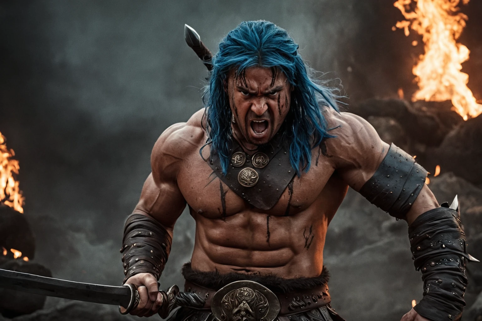 Hyperrealistic art of <lora:facial expression style v3:1>
angry facial expression of a painting of a angry Conan the barbarian man with a sword and a fire backgrou, themed, sharp, detailed skin, epic cinematic photography, artistic, creative, wrinkly face, dramatic lighting style, cinematic color style, Kodak film style, skin pore, emotional style, gustier style, facial expression style, angry facial style, solo, open mouth, 1boy, blue hair, weapon, male focus, earrings, sword, blood, muscular, fire, manly, screaming, black hair, jewelry, muscular male, traditional media, veins, topless male, looking at viewer, holding, teeth, holding weapon, holding sword, abs
, Extremely high-resolution details, photographic, realism pushed to extreme, fine texture, incredibly lifelike