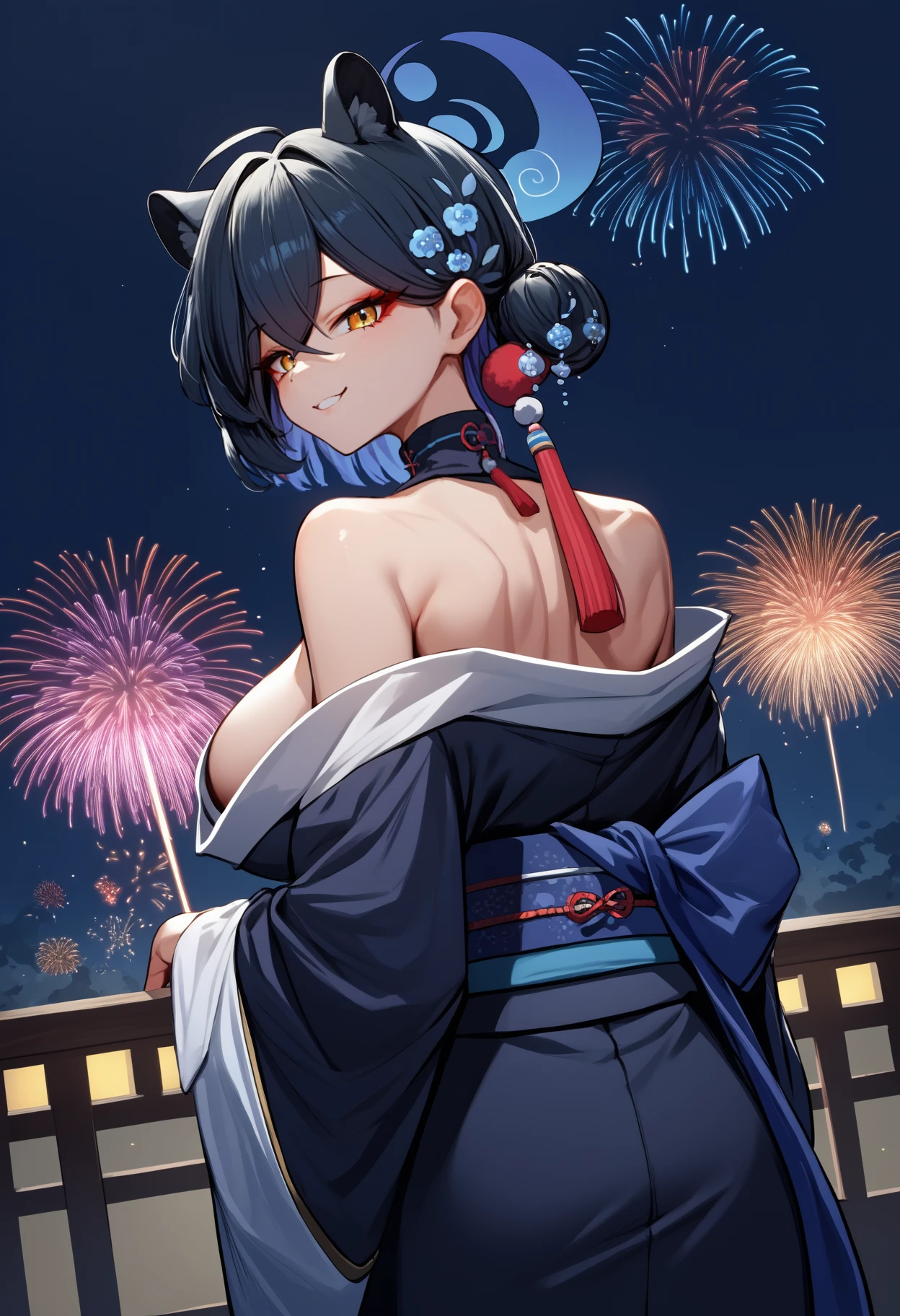 score_9, score_8_up, score_7_up, source_anime, from behind, solo, 1girl, kaguya urushibara, smile, looking back, crossed bangs, ahoge, hair bun, tassel hair ornament, hair flower, animal ears, blue halo, japanese clothes, black kimono, off shoulder, blue sash, obi, bare shoulders, large breasts, fireworks
<segment:yolo-face_yolov8m.pt,0.35,0.5//cid=1>