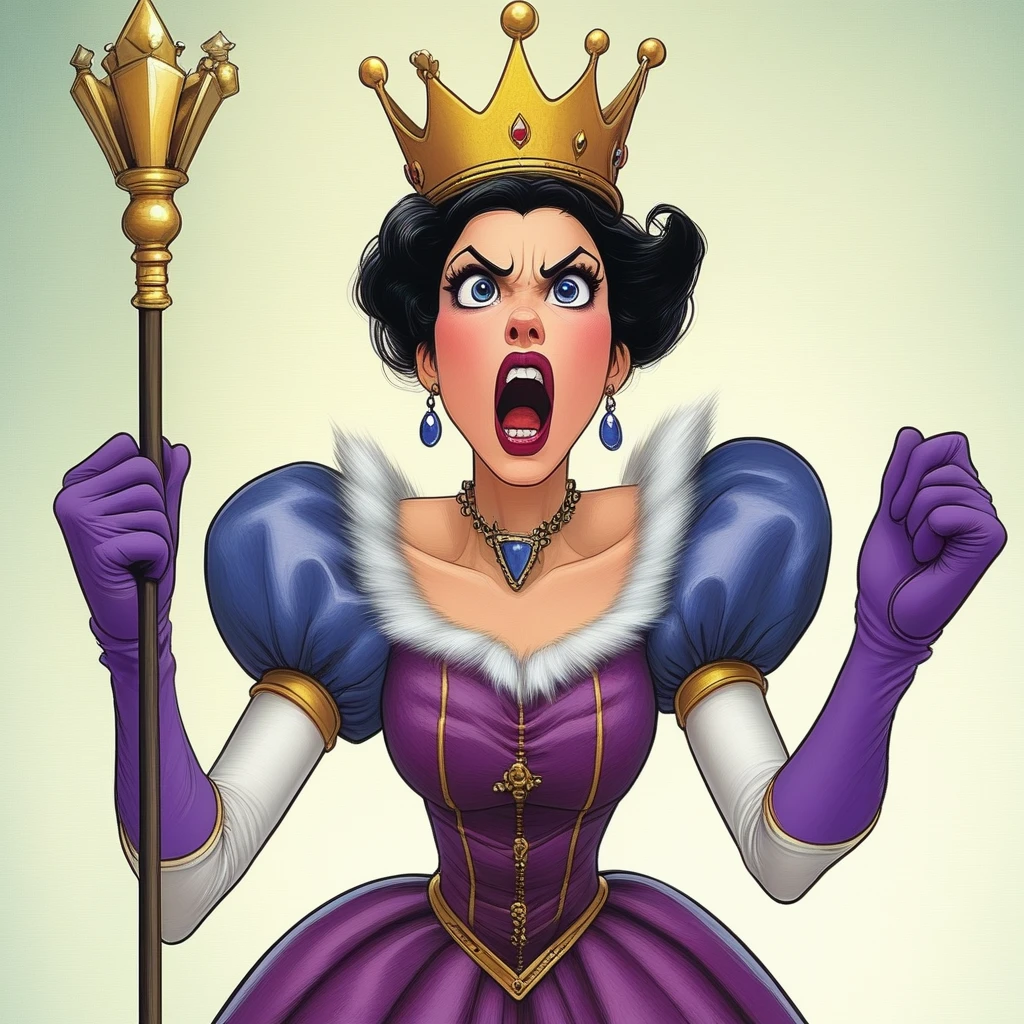 ArsMJStyle, Wonderland, The image shows a woman wearing a purple dress and a crown on her head holding a stick in her hand. She has a determined expression on her face suggesting she is ready to take on any challenge., 1girl, solo, crown, jewelry, earrings, black hair, gloves, blue eyes, open mouth, scepter, lipstick, makeup, puffy sleeves, blush, princess