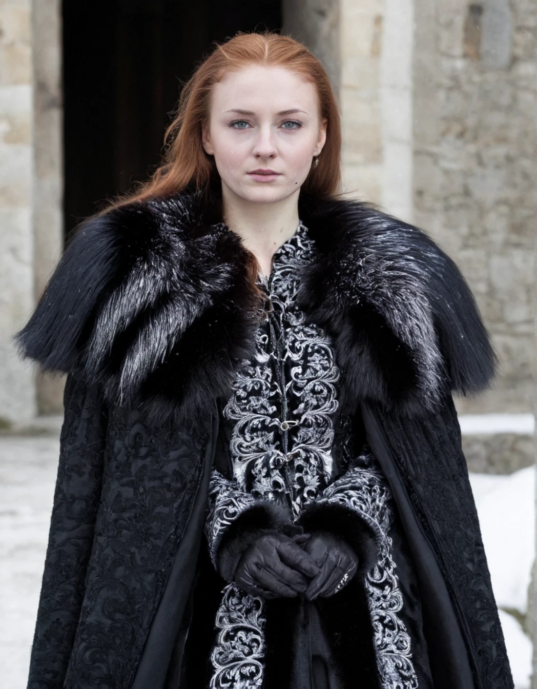 <lora:SansaStark_SDXL_V1.2:1>,ginger hair,SansaStark,high detailed black royal fur coat.cinemaic light.snow on castle,