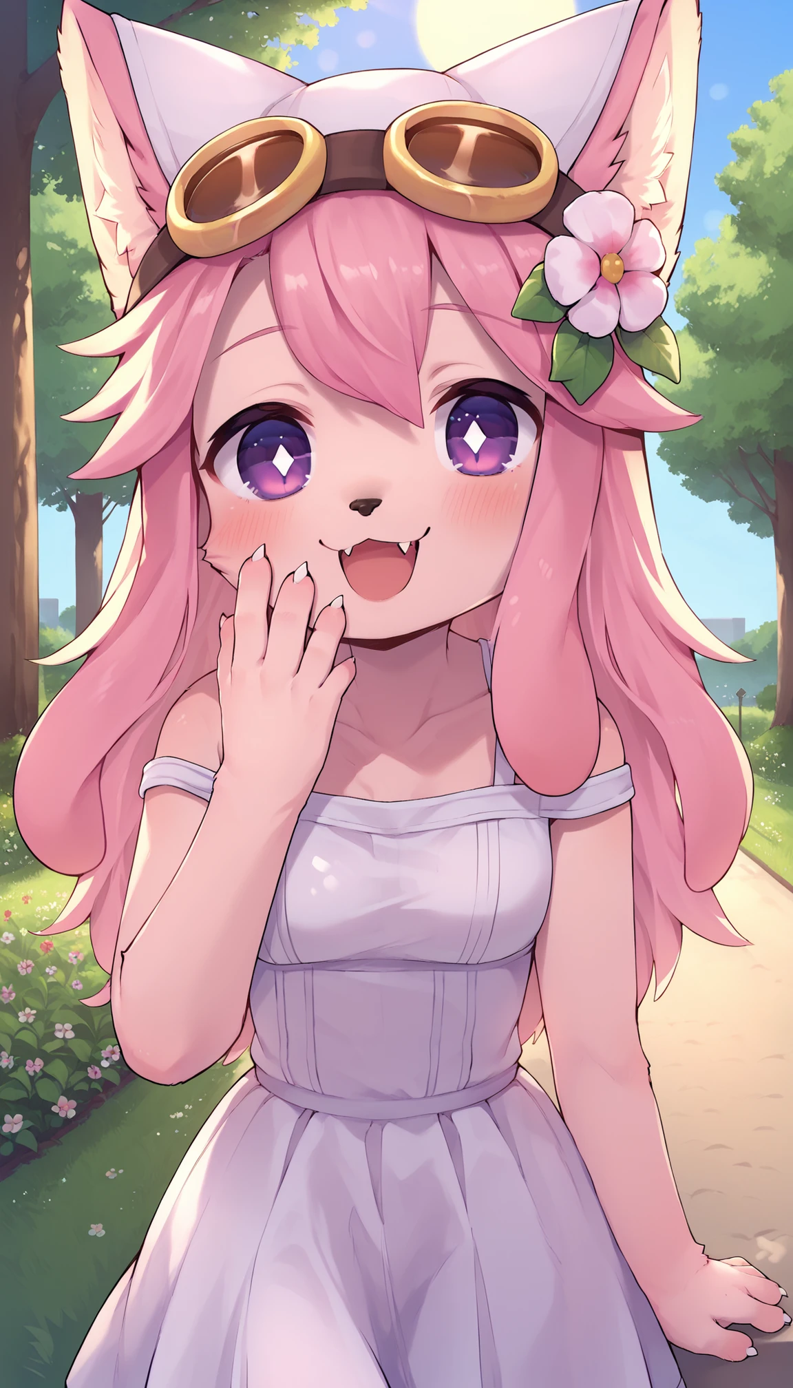 source_anime, score_9, score_8_up, score_7_up, color, chocolatsr, 1girl, cute, chibi, furry female, dog girl, pink fur, long hair, pink hair, dog tail, body fur, detailed fur, purple eyes, white pupils, blush, animal ears, animal nose, white sundress, collarbone, hair flower, ribbon, cute, cowboy shot, happy, open mouth, fangs, claws, hand on own face, solo, close-up, outdoors, park, tree, grass, flower, day, sun, sunbeams, detailed lighting, embedding:zPDXL2