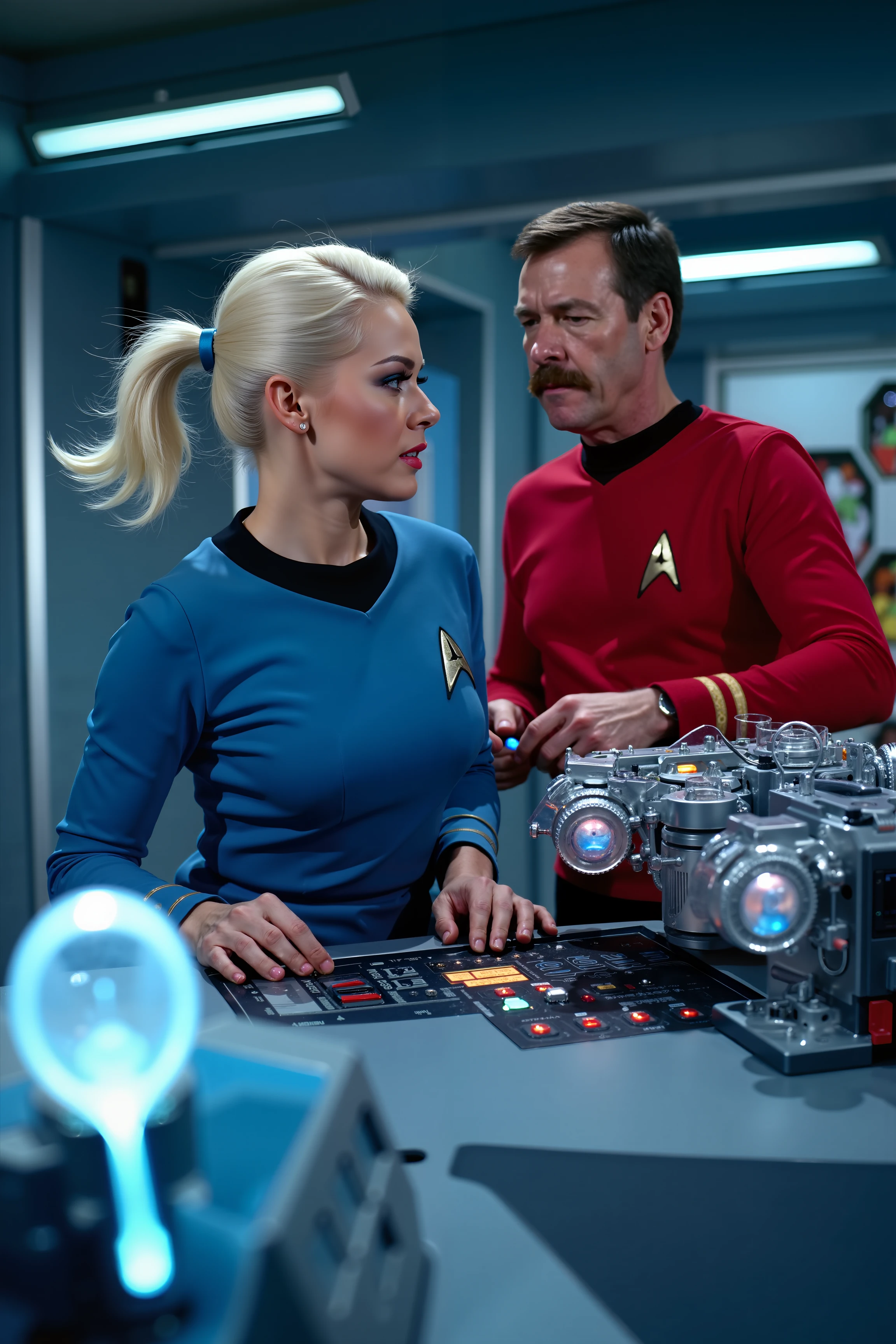 A high-quality photo capturing an action-packed scene in a futuristic laboratory. The scene features a woman with platinum hair in a blue Star Trek TOS uniform dress and a man with a mustache in a red star trek TOS uniform. The woman, her platinum hair styled in an adventurous updo, is energetically operating a sleek, high-tech console, her fingers flying across the controls as she looks intently at a series of holographic displays. Her uniform is detailed with the distinctive blue design, perfectly tailored for action. The man, sporting a classic mustache, is dynamically interacting with a complex piece of laboratory equipment. He’s in mid-motion, adjusting a glowing, futuristic device with an expression of intense concentration and excitement. His red uniform is vibrant, contrasting sharply with the cool blue tones of the laboratory. The laboratory itself is a marvel of futuristic design, with illuminated consoles, floating holograms, and advanced scientific apparatuses. The scene is filled with high-tech gadgets in the background, and the action is highlighted by dynamic lighting, conveying a sense of high-energy excitement and teamwork.