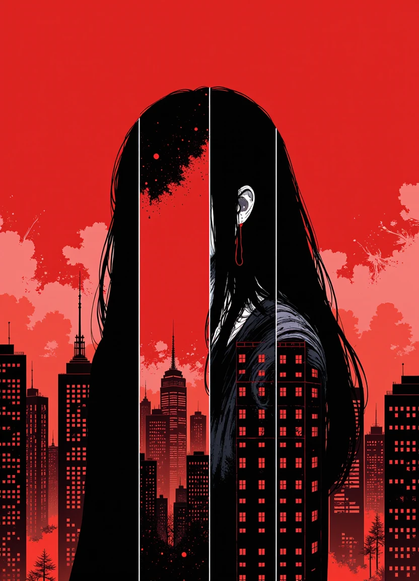 inred_style, words saying "I Only Paint In Red" as a title in the center, high-rise city buildings in diagonal split panels in different sizes, an adult woman with long black hair  in the background