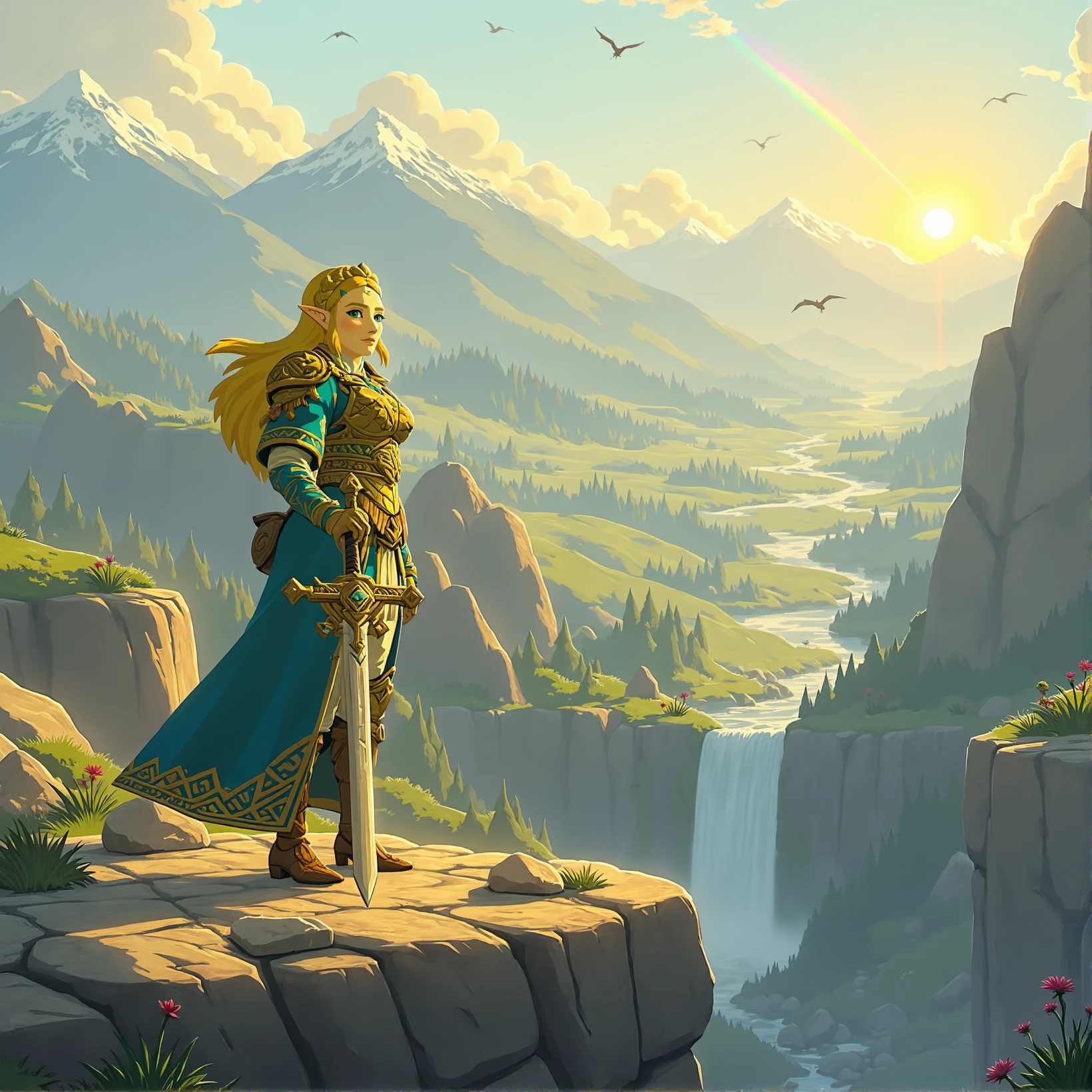 DGM style princess Zelda standing on a cliffside overlooking a vast, ancient kingdom, clad in an intricately designed gold and sapphire battle armor, the armor glistening in the sunlight, long blonde hair billowing in the wind, wearing the iconic Triforce crown, a large mystical sword in her right hand resting on the ground, flowing royal blue cape with golden embroidery, the majestic landscape below featuring sprawling forests, rivers, and distant mountains, soft golden hour light creating a warm, heroic glow, a faint rainbow forming through a nearby waterfall, clouds parting to reveal the sun, shafts of light piercing through the clouds, birds flying in the distance, expression determined and regal, natural elements like rocks and plants detailed in the foreground, adding depth to the scene, the overall atmosphere exuding a sense of bravery, serenity, and ancient legend.