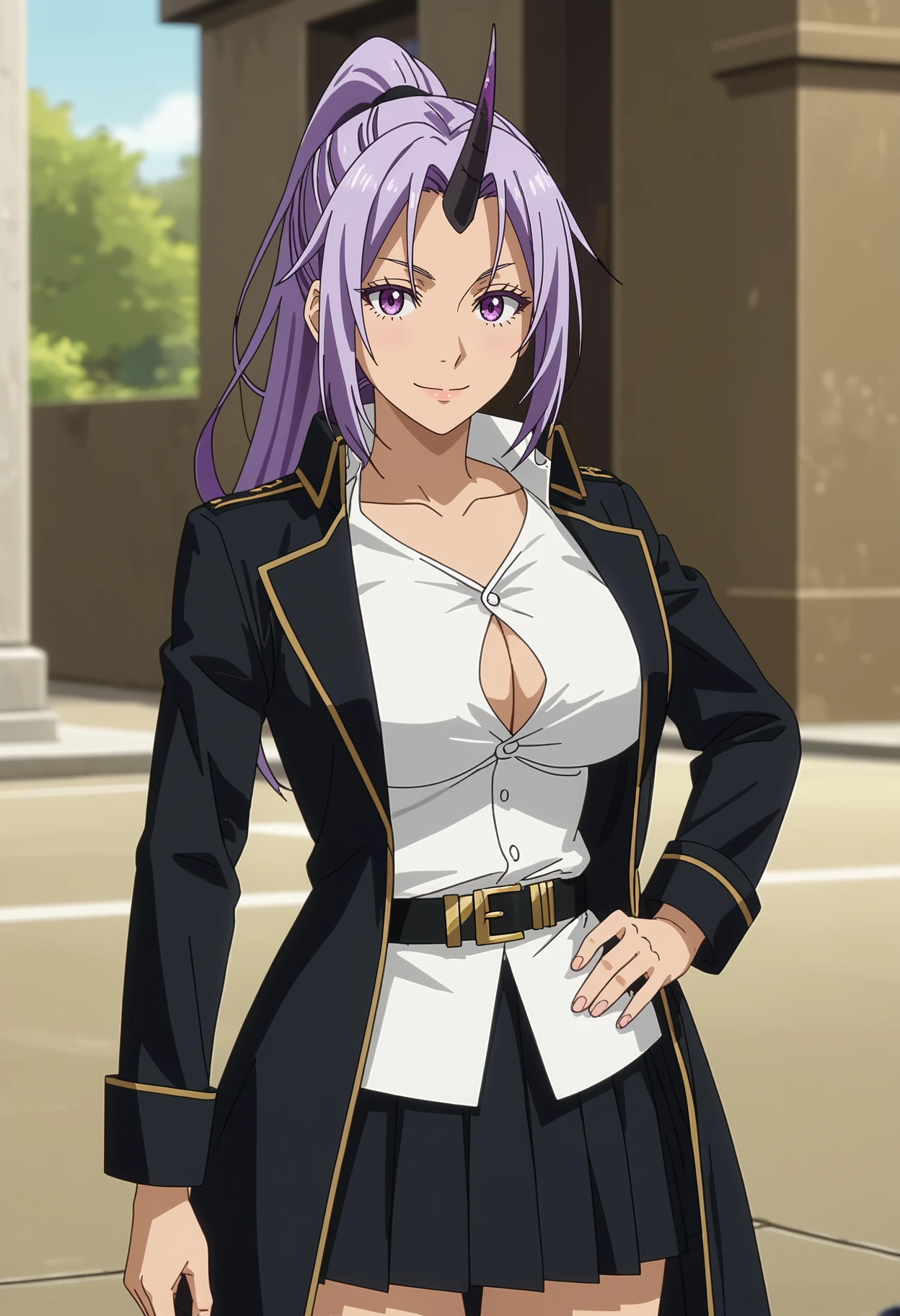 score_7_up, anime screencap,
<lora:TenSura_ShionXL:0.9>,
1girl, solo, light smile,
high ponytail, long hair, purple hair, purple eyes, parted bangs, single horn,
ShionMilitary, black coat, white shirt, untucked shirt, collarbone, large breasts, black belt, pleated skirt, black skirt, black thighhighs,
hand on own hip, looking at viewer, cowboy shot, thigh gap,
blurry background, outdoors