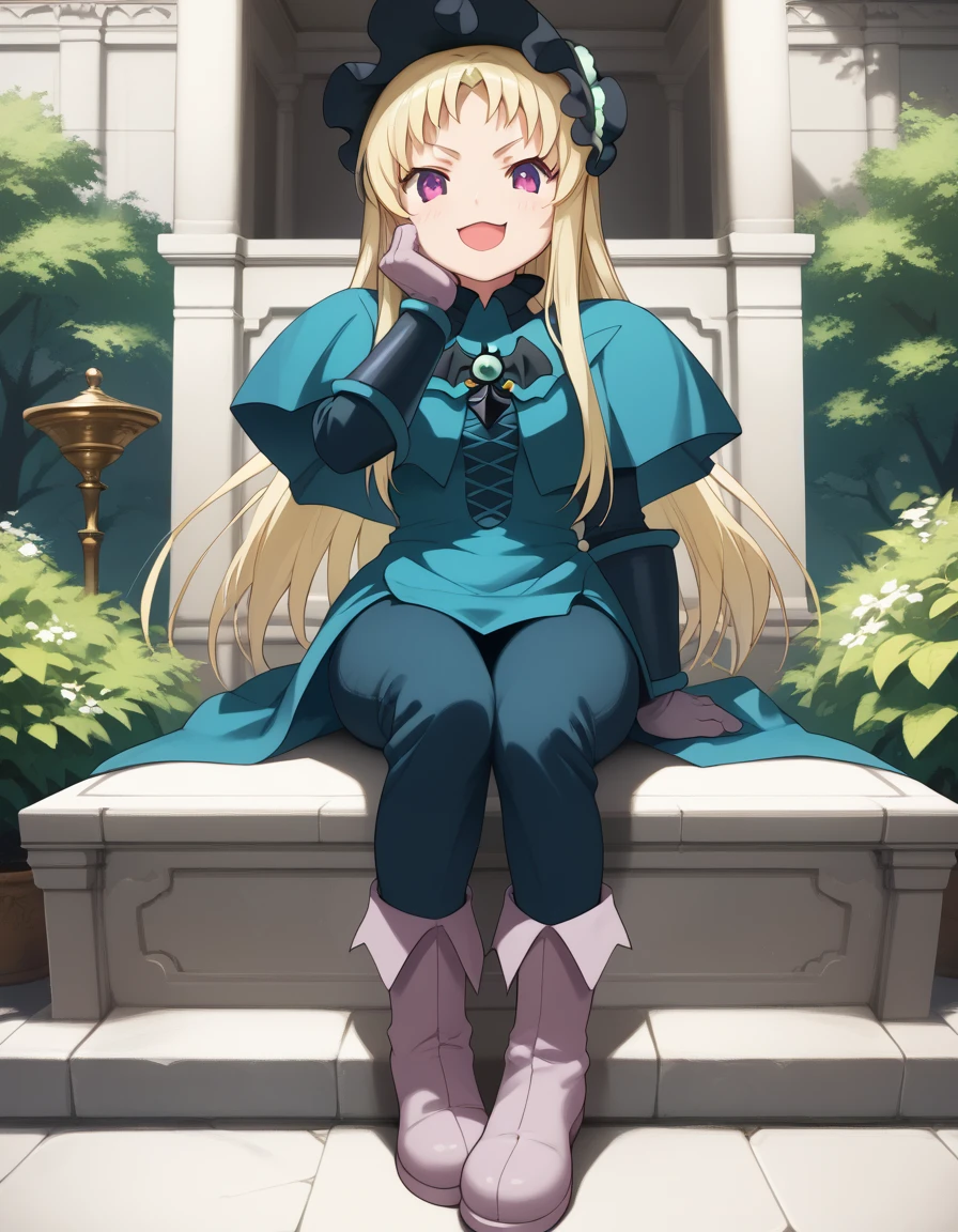 score_9, score_8_up, score_7_up, BREAK source_anime, best quality, masterpiece,very aesthetic, zPDXL2,official art,detailed_eyes,1girl, solo,
salome_(twin_angel), blonde hair, long hair, purple eyes, chibi, :3
green military uniform, gloves, boots,
<lora:salome_(twin_angel)_pony_v1:1>
sitting, (ojou-sama_pose:1.3) 
(open mouth), blush,smirk
looking at viewer,(cowboy shot,:1.3),laughing 
outdoors,