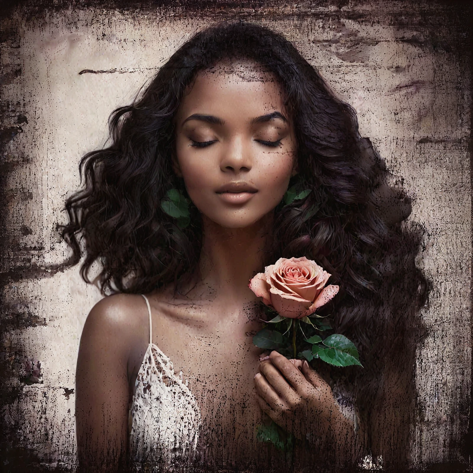 Portrait of a beautiful light brown skinned woman, holding a rose. Closed eyes.

<lora:PhotoDistressed01-00a_CE_SDXL_128OT:1> dstrsdPhtoCE
