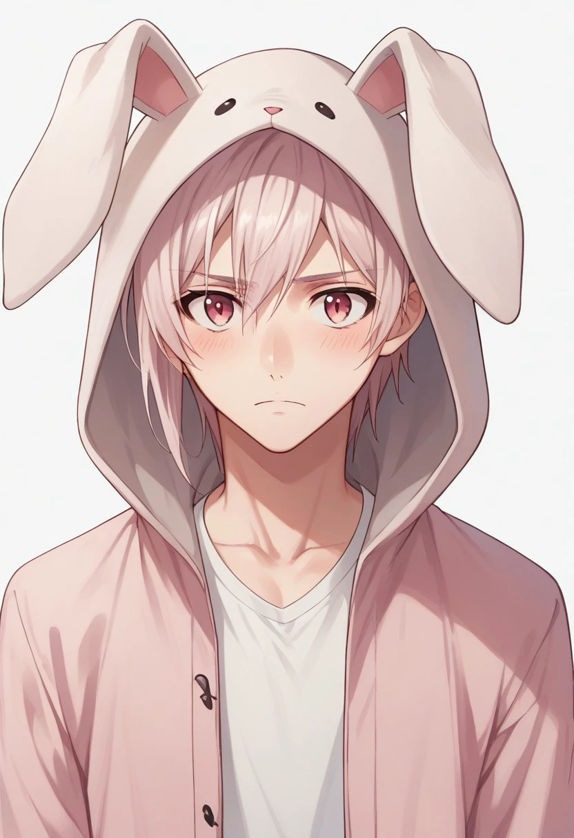 score_9, score_8_up, score_7_up, source_anime, highly detailed, 
tennkujo, 1boy, male focus, solo, pink hair, looking at viewer, blush, frown, animal hood,hood up, rabbit hood, hooded jacket, indoor, upper body,