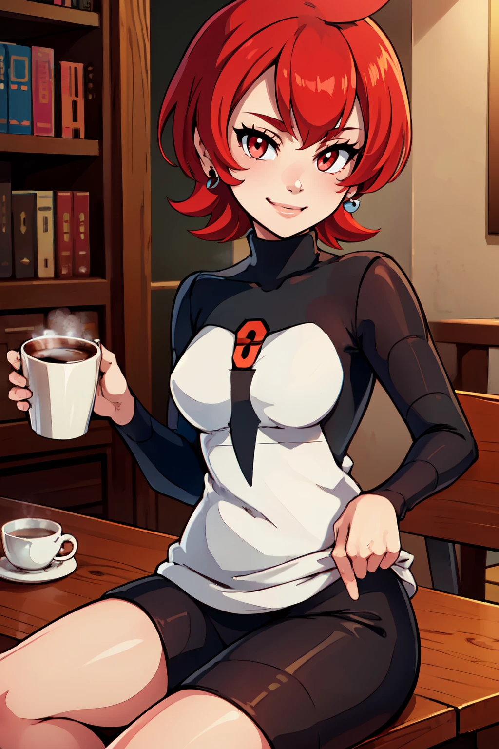 ((masterpiece,best quality)), absurdres,  BREAK,, <lora:Mars_Pokemon:0.8>, zzMars, red eyes, red hair, short hair, cowlick, , BREAK, turtleneck sweater, earrings, library, cup of coffee, sitting at table, BREAK, solo, smile, looking at viewer, cowboy shot,