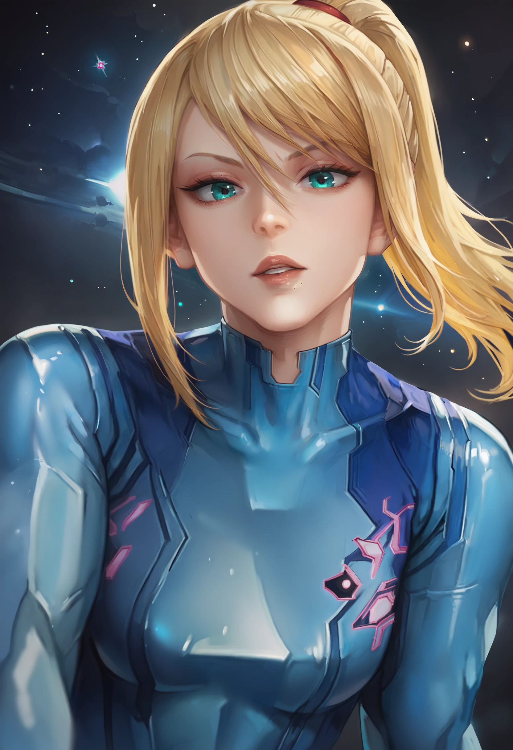 score_9, score_7_up <lora:miche-guy-PONY-DORAv1:1>, 1girl, solo, (samus aran):0.7, presenting, depth of field, space, parted lips, looking at viewer, zero suit, dark background