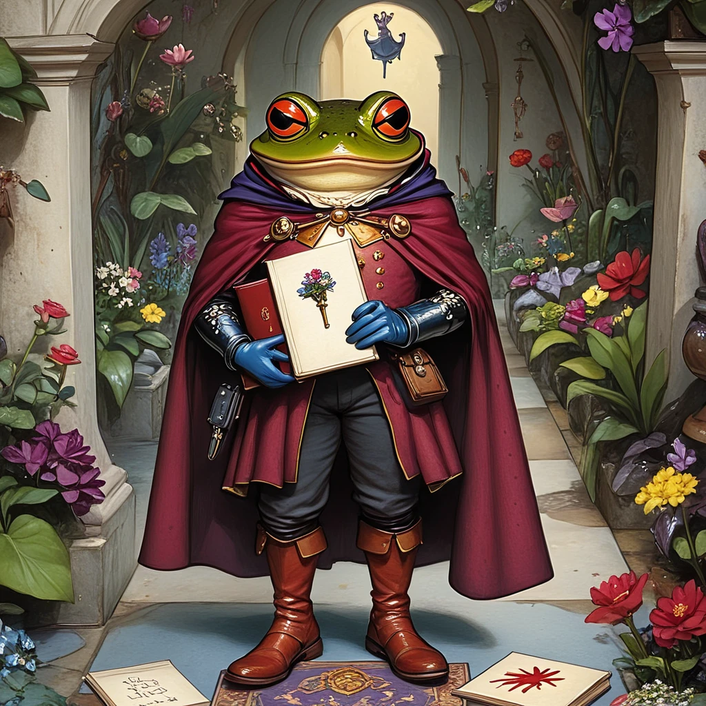 <lora:Wonderland:1>   ArsMJStyle, Wonderland, The image shows a frog wearing a red cape and holding a book in its hands standing on a carpeted floor surrounded by plants with flowers pillars and a wall in the background., cape, flower, frog, solo, boots, letter, weapon, envelope, no humans, gloves, 1boy, male focus