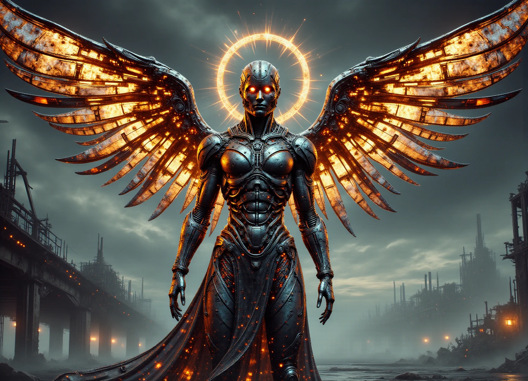 steampunk of starry seraphim- winged being with luminous, starry wings and celestial halos. , spaceport manager