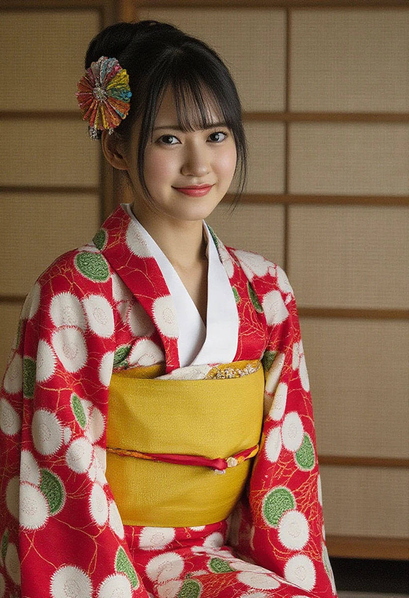 A portrait of Um1-chan dressed in a traditional Japanese kimono, predominantly red with white and green floral patterns. Um1-chan wears a bright yellow obi, which contrasts with her vibrant attire. Um1-chan's hair is adorned with a colorful kanzashi, and she is captured in a candid pose, looking directly at the camera with a gentle smile. The background features a Japanese wooden cabinet, and the overall color palette is warm, dominated by reds, greens, and yellows. The image exudes a sense of serenity and cultural richness.