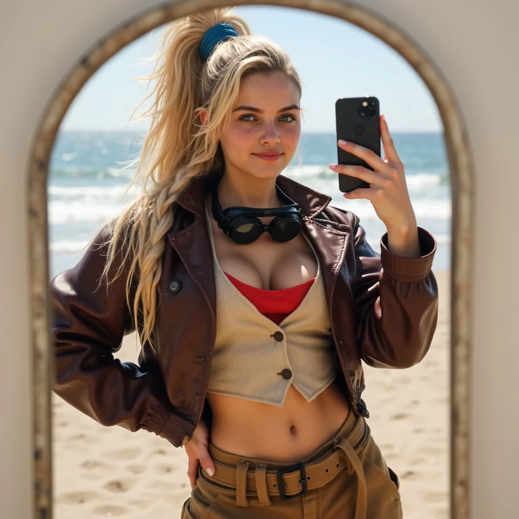 gemhw, selfie mirror picture of a young woman taken with a phone. She has long, voluminous blonde hair tied back with a blue scrunchie. Her outfit is a brown, cropped leather jacket with a red undershirt peeking out, and a beige, short-sleeved, button-up vest over a pair of loose, tan pants held up by a wide belt and goggles around her neck. In the background there is a beach.