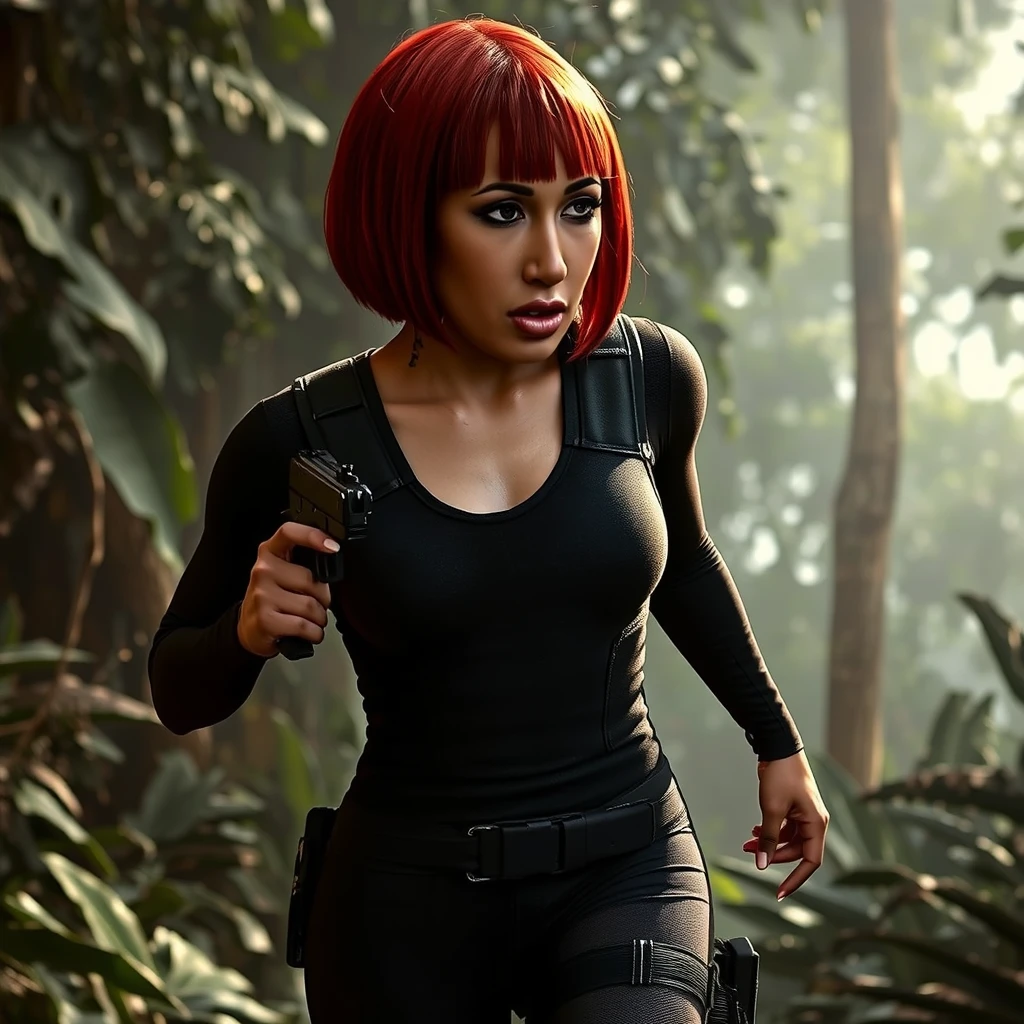 photorealistic image of am1l3y, short bright red bob cut hair, blue eyes, wearing a tactical black bodysuit with armor-like plating, cautiously advancing through a dense jungle, gun drawn, eyes scanning the surroundings for threats, early morning setting with fog hanging low among the trees, ultra-high-definition textures, cinematic composition, lush greenery, foggy atmosphere, intricate details in her tactical gear with utility belt and holsters, sharp contrast between light and shadow, athletic and fit physique, highly detailed and accurate portrayal, photorealistic rendering, tense and alert atmosphere




cinematic scene, cinematic lighting, intricate detail skin and facial texture, lifelike expression, accurate character design, dynamic pose, interesting and complex background details, 